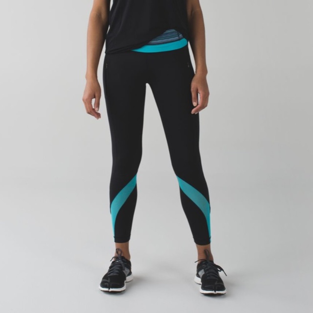 💪LULULEMON Inspire Tight II Mesh 7/8 Black Space Dye Twist Naval Peacock Blue